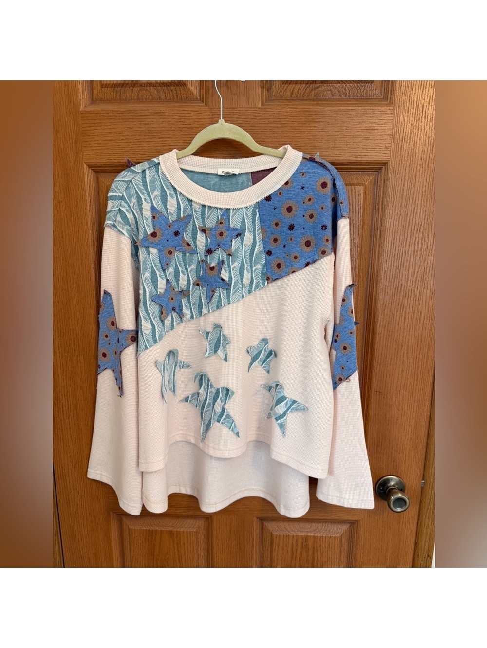 POL crewneck sweatshirt womens small cream patchwork quilted stars waffle knit